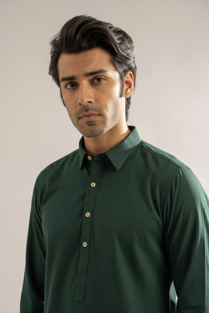 Edge Republic Mens RTW Shalwar Kameez Wash N wear Dark Green Premium  - Festive Collection