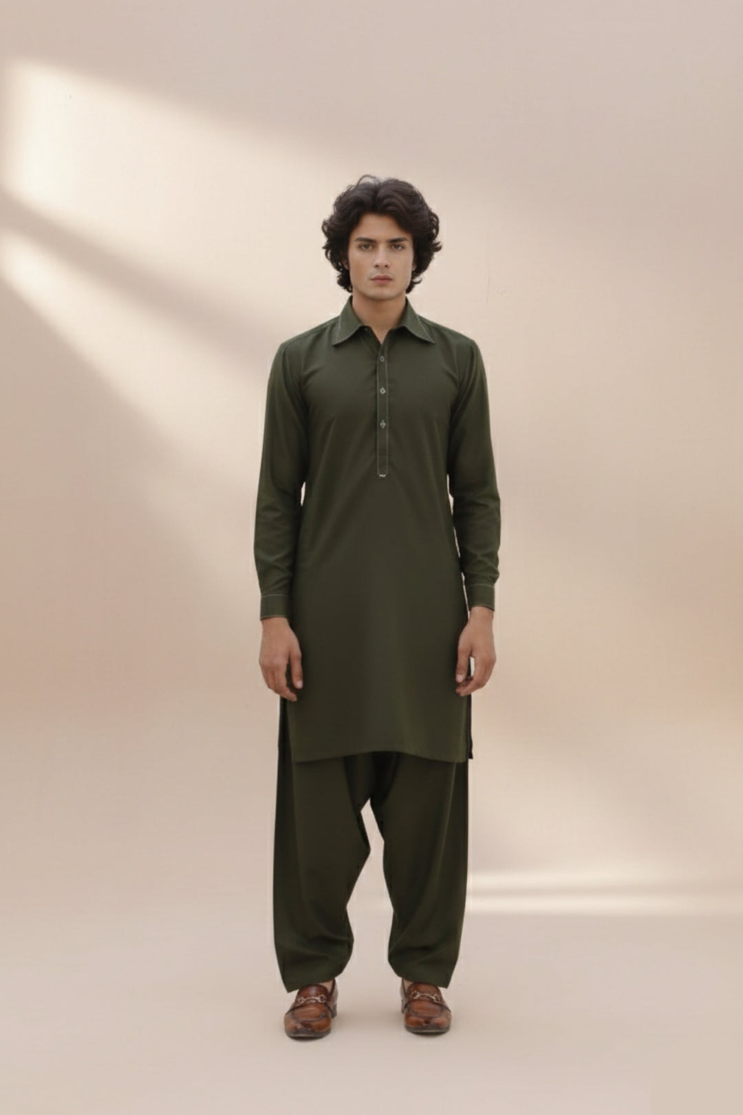Edge Republic Mens RTW Shalwar Kameez Wash N wear Olive Green Premium  - Festive Collection