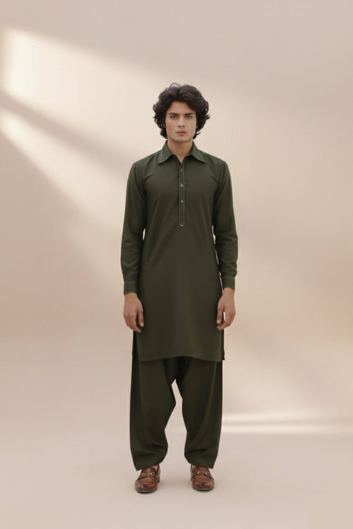Edge Republic Mens RTW Shalwar Kameez Wash N wear Olive Green Premium  - Festive Collection