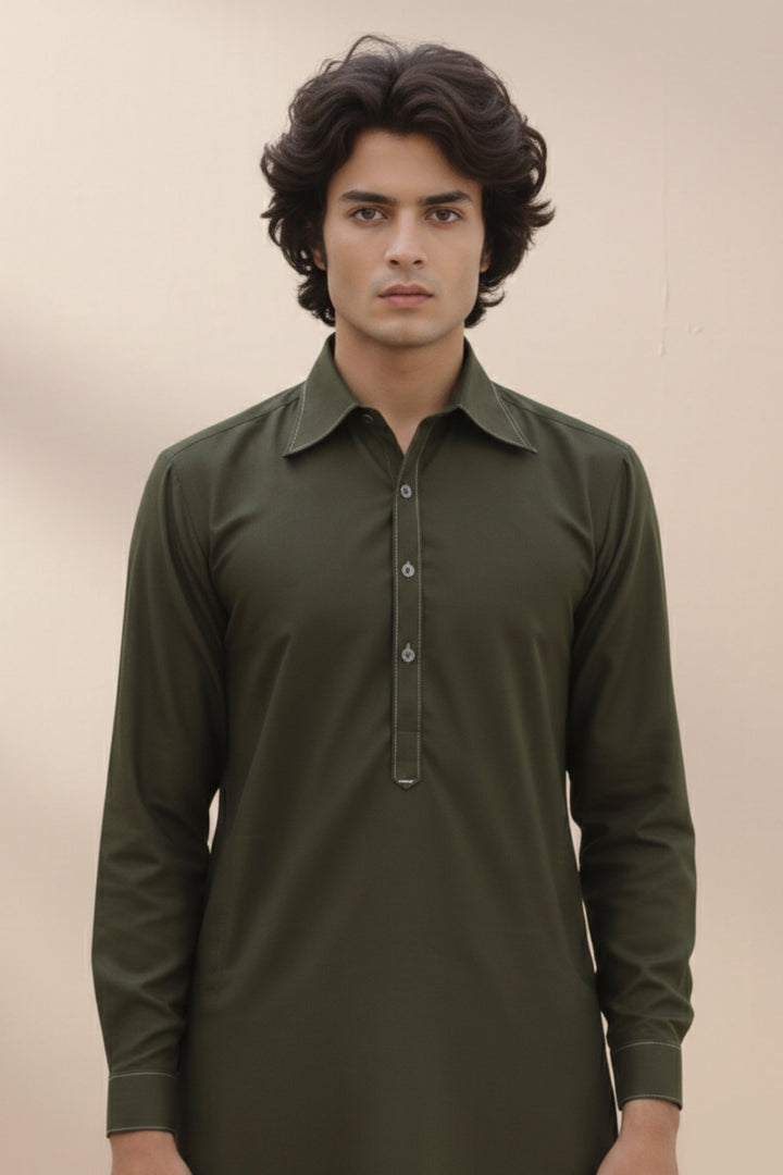 Edge Republic Mens RTW Shalwar Kameez Wash N wear Olive Green Premium  - Festive Collection