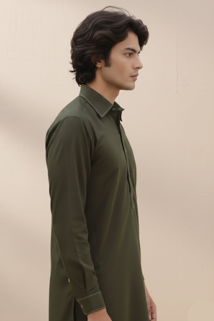 Edge Republic Mens RTW Shalwar Kameez Wash N wear Olive Green Premium  - Festive Collection