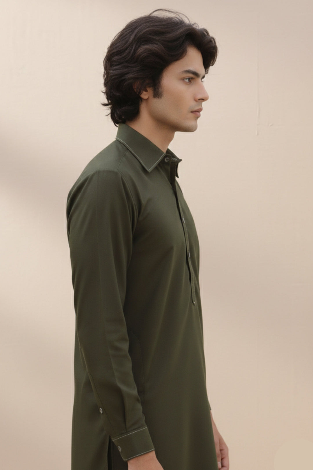 Edge Republic Mens RTW Shalwar Kameez Wash N wear Olive Green Premium  - Festive Collection