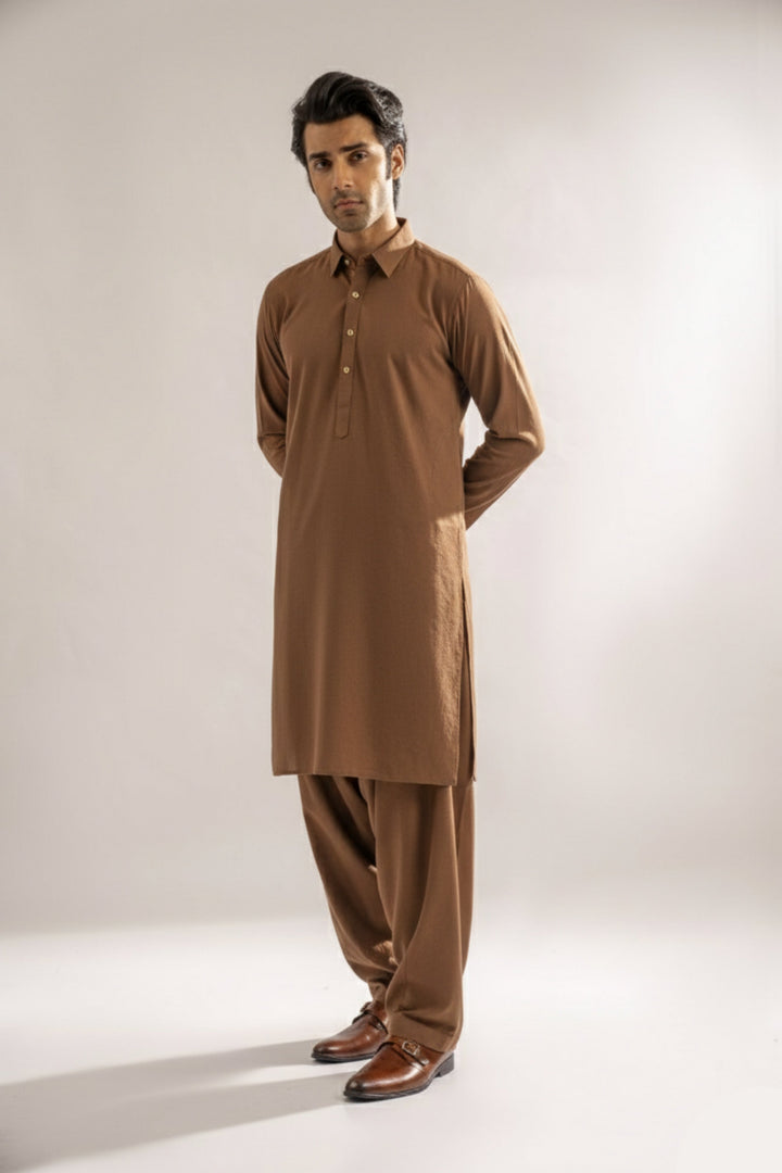 Edge Republic Mens RTW Shalwar Kameez Wash N wear Light Brown Premium  - Festive Collection