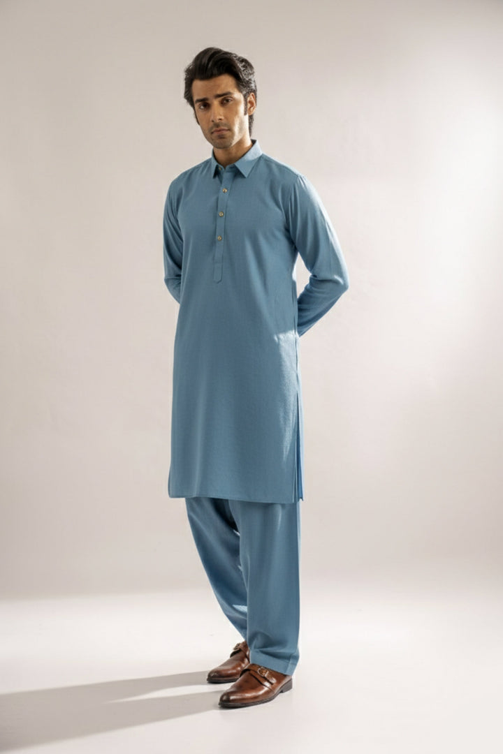 Edge Republic Mens RTW Shalwar Kameez Wash N wear Ice Blue Premium  - Festive Collection
