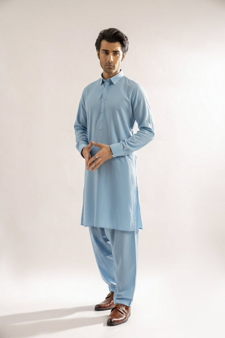 Edge Republic Mens RTW Shalwar Kameez Wash N wear Sky Blue Premium  - Festive Collection