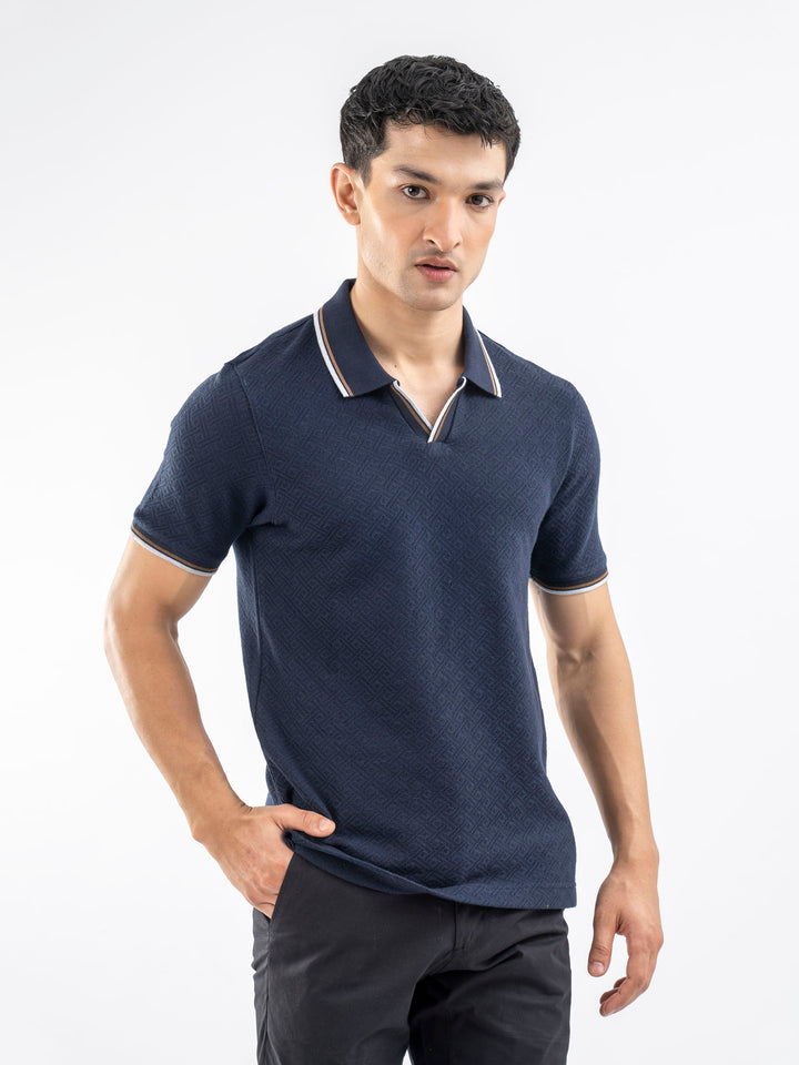 Brumano  Solids Cotton Polo Navy Blue Jacquard Structured Tipped V-Neck Polo