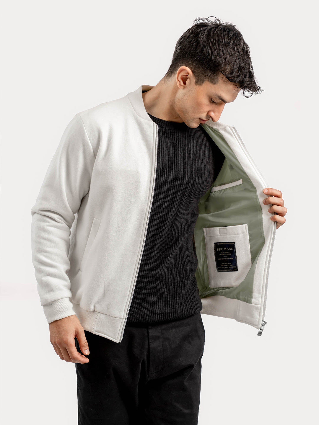 Brumano Mens RTW Solids Poly Jacket Vanilla Knitted Winter Collection