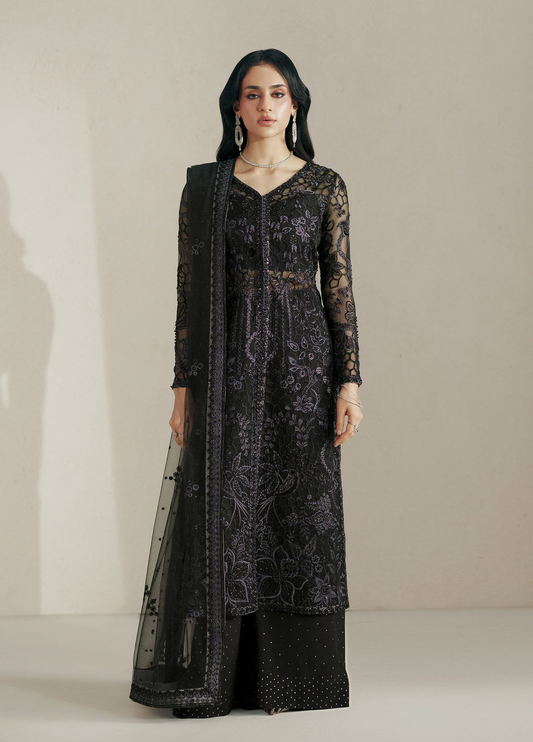 Vera Unstitched Embroidered Organza 3 Piece Suit VR26UWF Muse Black - Wedding Collection