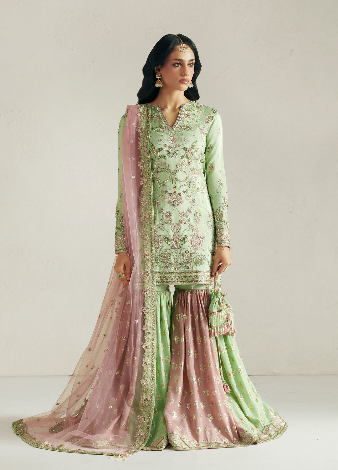 Vera Unstitched Embroidered Silk 3 Piece Suit VR26UWF Resham Mint Green - Wedding Collection