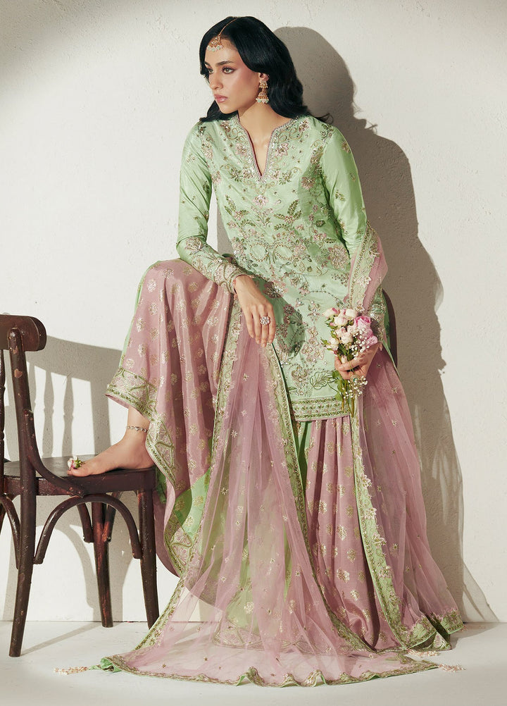 Vera Unstitched Embroidered Silk 3 Piece Suit VR26UWF Resham Mint Green - Wedding Collection