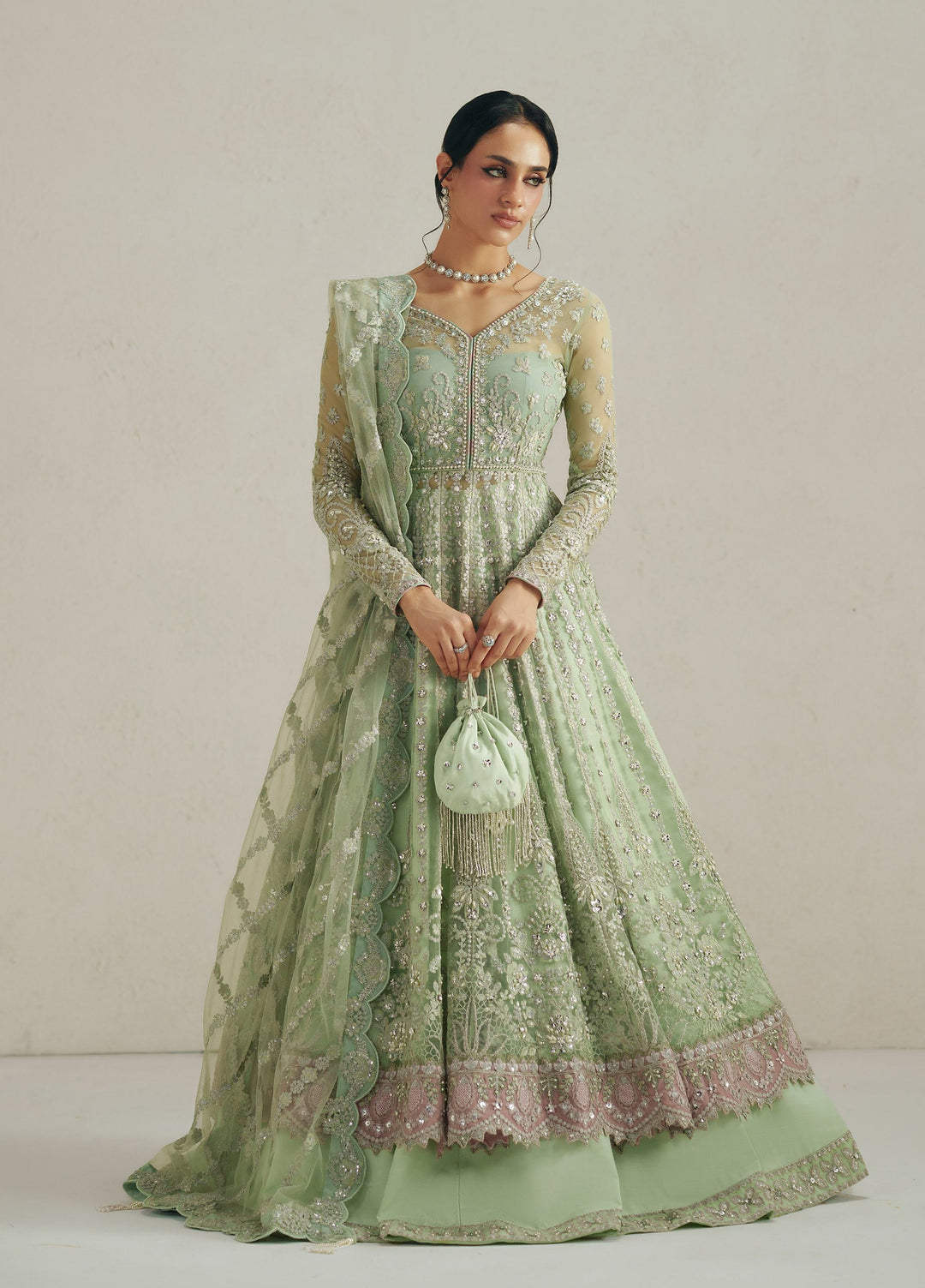 Vera Unstitched Embroidered Net Pishwas Suit VR26UWF Seafoam Green Pishwas - Wedding Collection