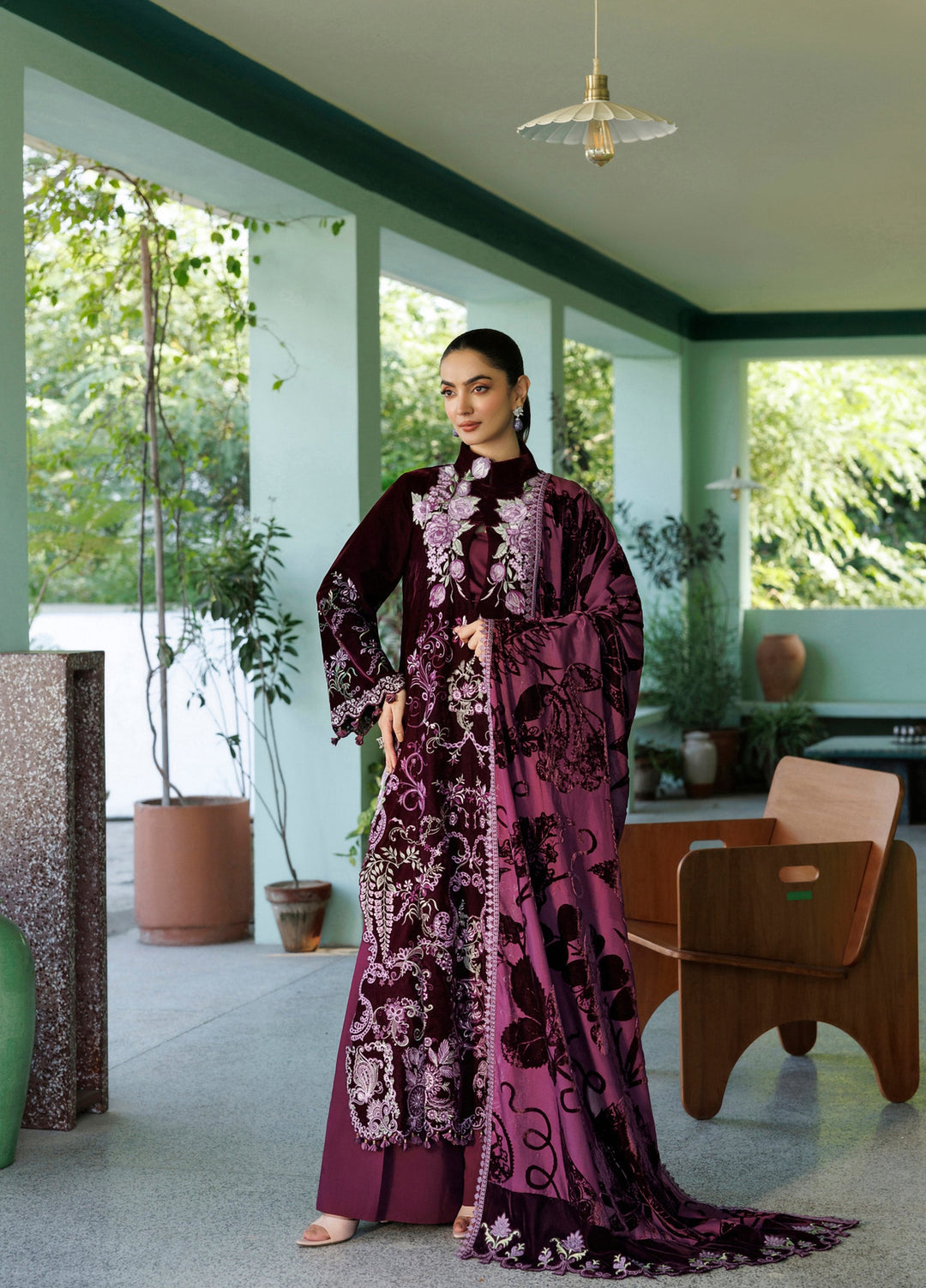 Plush Luxury by Asifa and Nabeel Unstitched Embroidered Velvet 3 Piece Suit Wine Shine WLXU-06 - Festive Collection