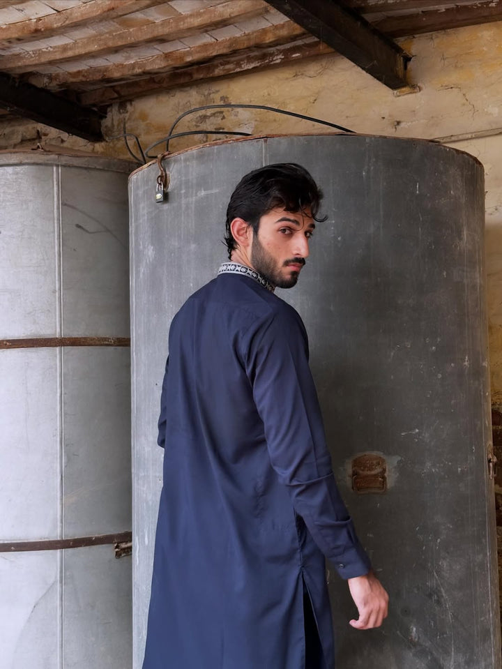 Muraqsh Ready To Wear Embroidered Cotton Men Formal Navy Blue Kurta Shalwar Collar Neck MUR-FNBKS - Summer Collection