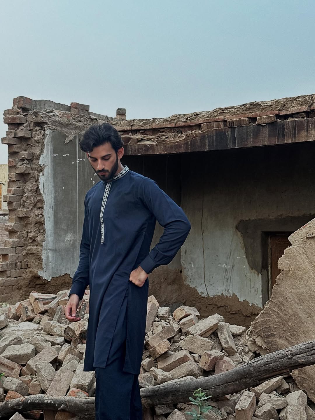 Muraqsh Ready To Wear Embroidered Cotton Men Formal Navy Blue Kurta Shalwar Collar Neck MUR-FNBKS - Summer Collection