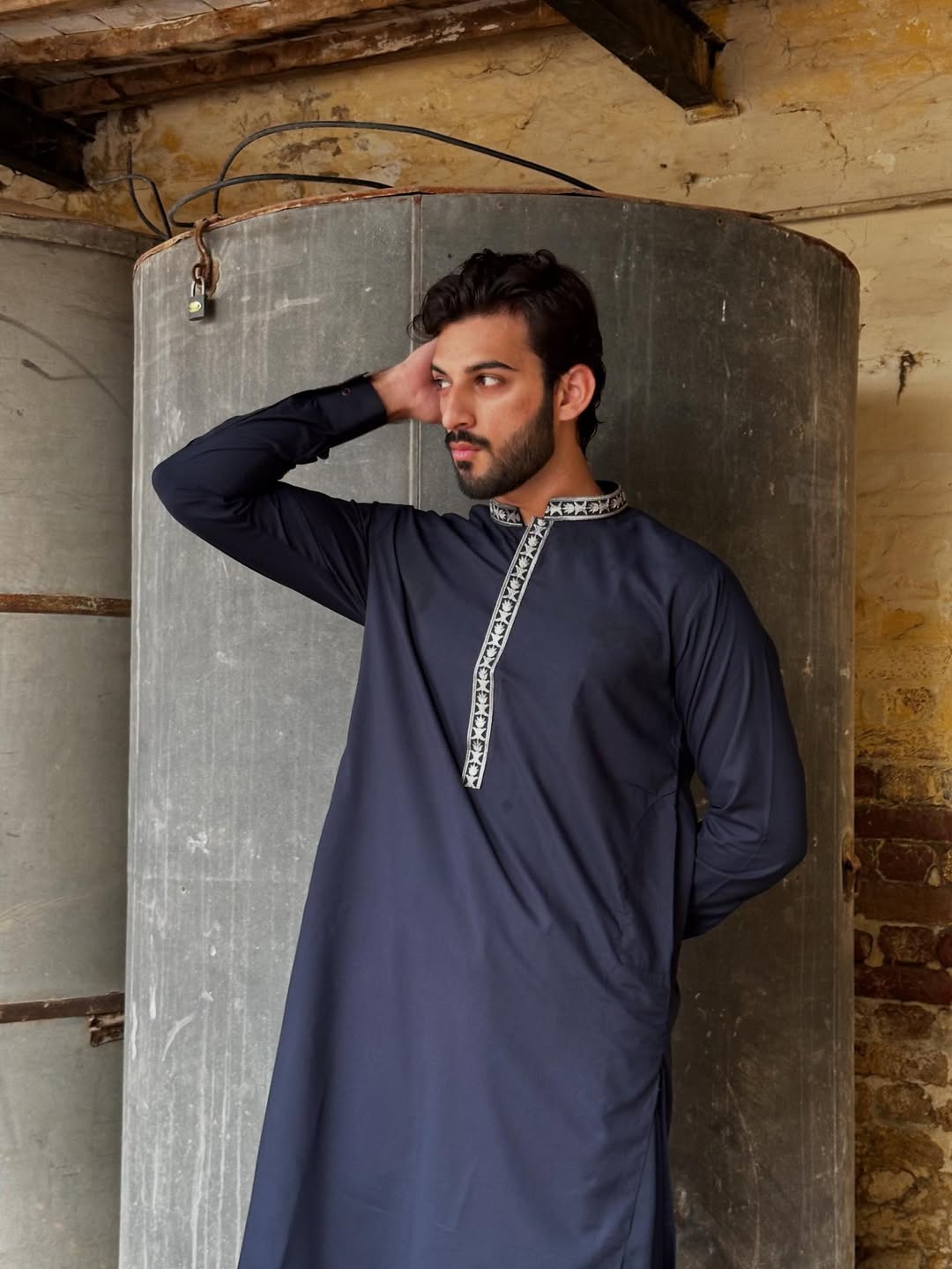Muraqsh Ready To Wear Embroidered Cotton Men Formal Navy Blue Kurta Shalwar Collar Neck MUR-FNBKS - Summer Collection