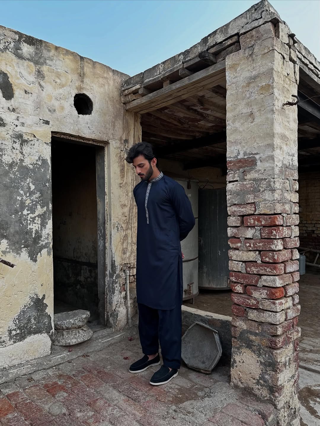 Muraqsh Ready To Wear Embroidered Cotton Men Formal Navy Blue Kurta Shalwar Collar Neck MUR-FNBKS - Summer Collection