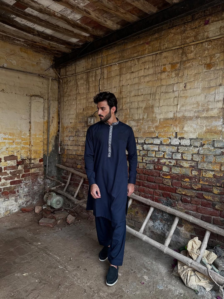Muraqsh Ready To Wear Embroidered Cotton Men Formal Navy Blue Kurta Shalwar Collar Neck MUR-FNBKS - Summer Collection