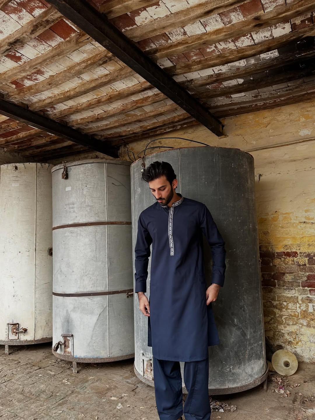 Muraqsh Ready To Wear Embroidered Cotton Men Formal Navy Blue Kurta Shalwar Collar Neck MUR-FNBKS - Summer Collection