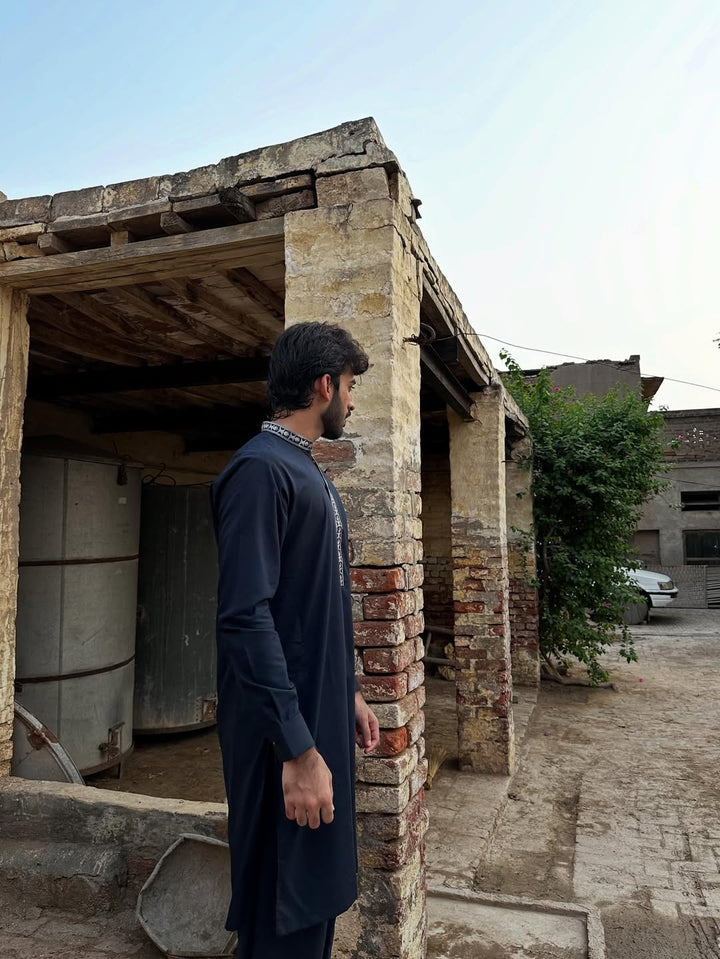 Muraqsh Ready To Wear Embroidered Cotton Men Formal Navy Blue Kurta Shalwar Collar Neck MUR-FNBKS - Summer Collection