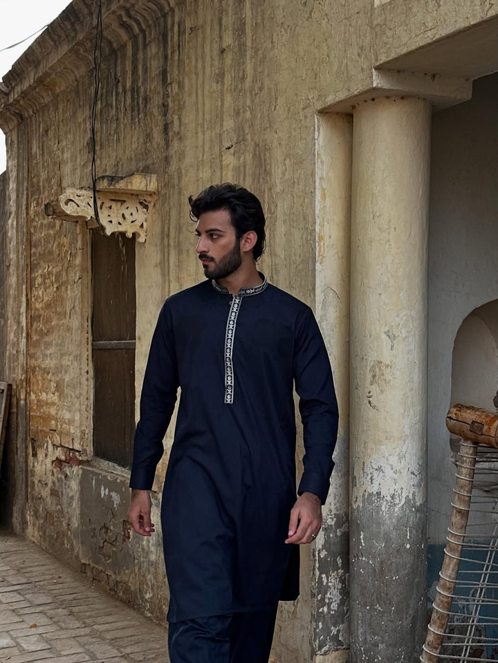 Muraqsh Ready To Wear Embroidered Cotton Men Formal Navy Blue Kurta Shalwar Collar Neck MUR-FNBKS - Summer Collection