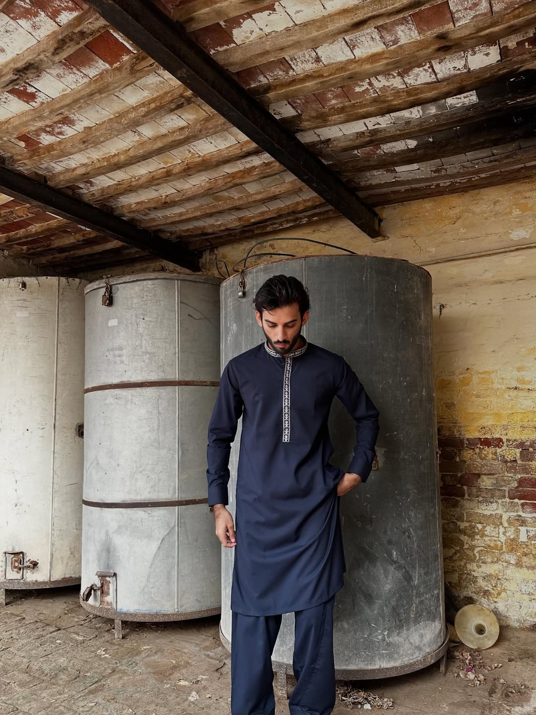 Muraqsh Ready To Wear Embroidered Cotton Men Formal Navy Blue Kurta Shalwar Collar Neck MUR-FNBKS - Summer Collection
