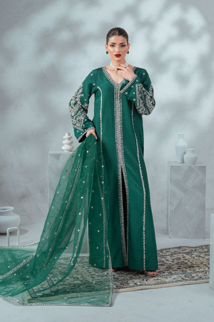 Soiree by Enzo Women RTW Hand work Silk 3 Piece Suit EMERALD WHISPER Festive Collection