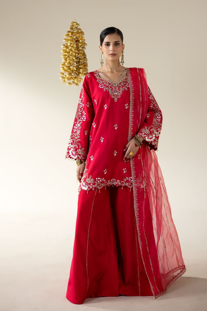 Lune Des Fleurs by Enzo RTW Embroidered Korean Silk 3 Piece Suit MERLOT Festive Collection