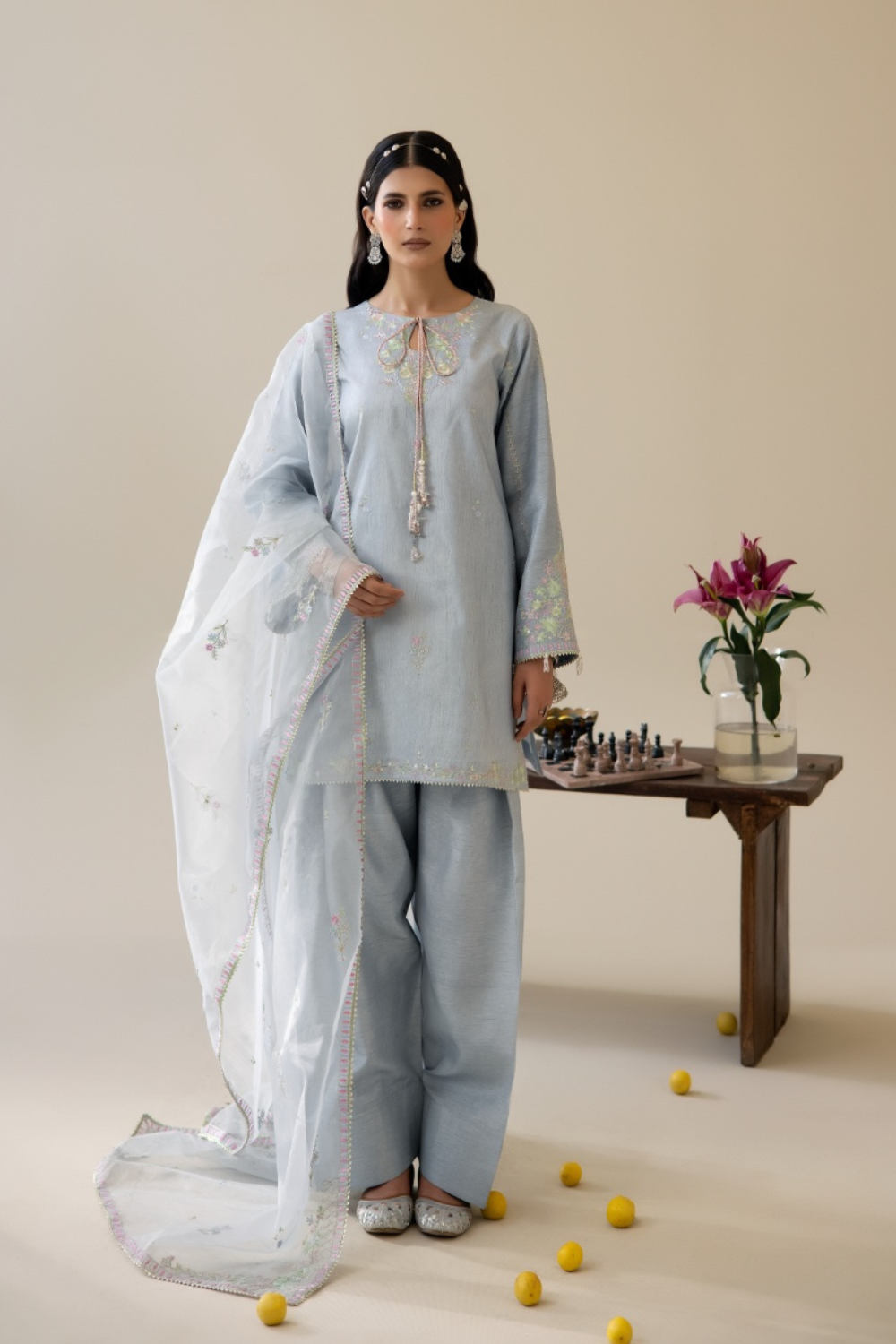 Lune Des Fleurs by Enzo RTW Embroidered Korean Silk 3 Piece Suit ESME Festive Collection