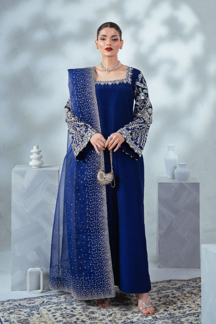 Soiree by Enzo Women RTW Hand work Silk 3 Piece Suit VELOURS BLEU Festive Collection