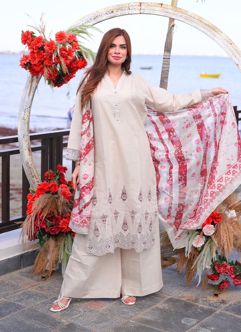 Noorkari by Ishq e Rang RTW Embroidered Lawn 3 Piece Suit Subtle Beige Casual Collection