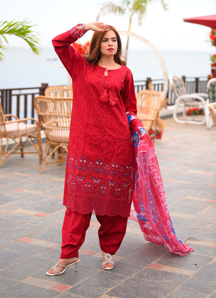 Noorkari by Ishq e Rang RTW Embroidered Lawn 3 Piece Suit Rich Red Casual Collection