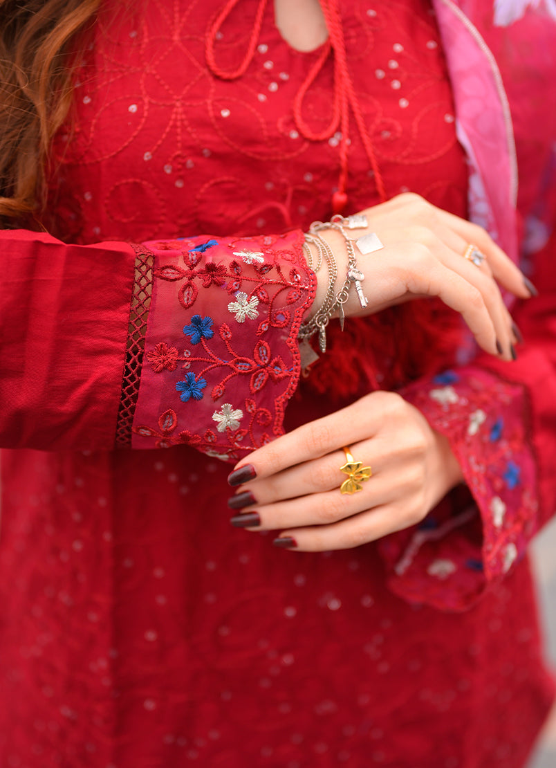 Noorkari by Ishq e Rang RTW Embroidered Lawn 3 Piece Suit Rich Red Casual Collection