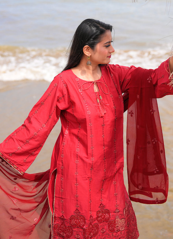 Noorkari by Ishq e Rang RTW Embroidered Lawn 3 Piece Suit Rich Maroon Casual Collection