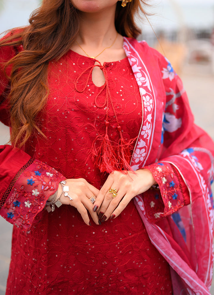 Noorkari by Ishq e Rang RTW Embroidered Lawn 3 Piece Suit Rich Red Casual Collection