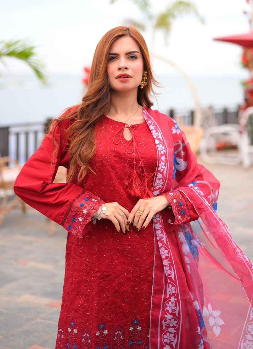 Noorkari by Ishq e Rang RTW Embroidered Lawn 3 Piece Suit Rich Red Casual Collection