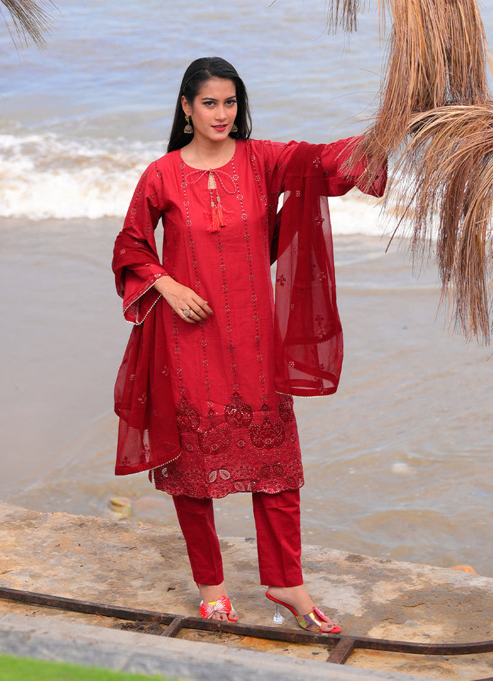 Noorkari by Ishq e Rang RTW Embroidered Lawn 3 Piece Suit Rich Maroon Casual Collection