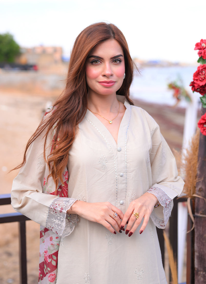 Noorkari by Ishq e Rang RTW Embroidered Lawn 3 Piece Suit Subtle Beige Casual Collection
