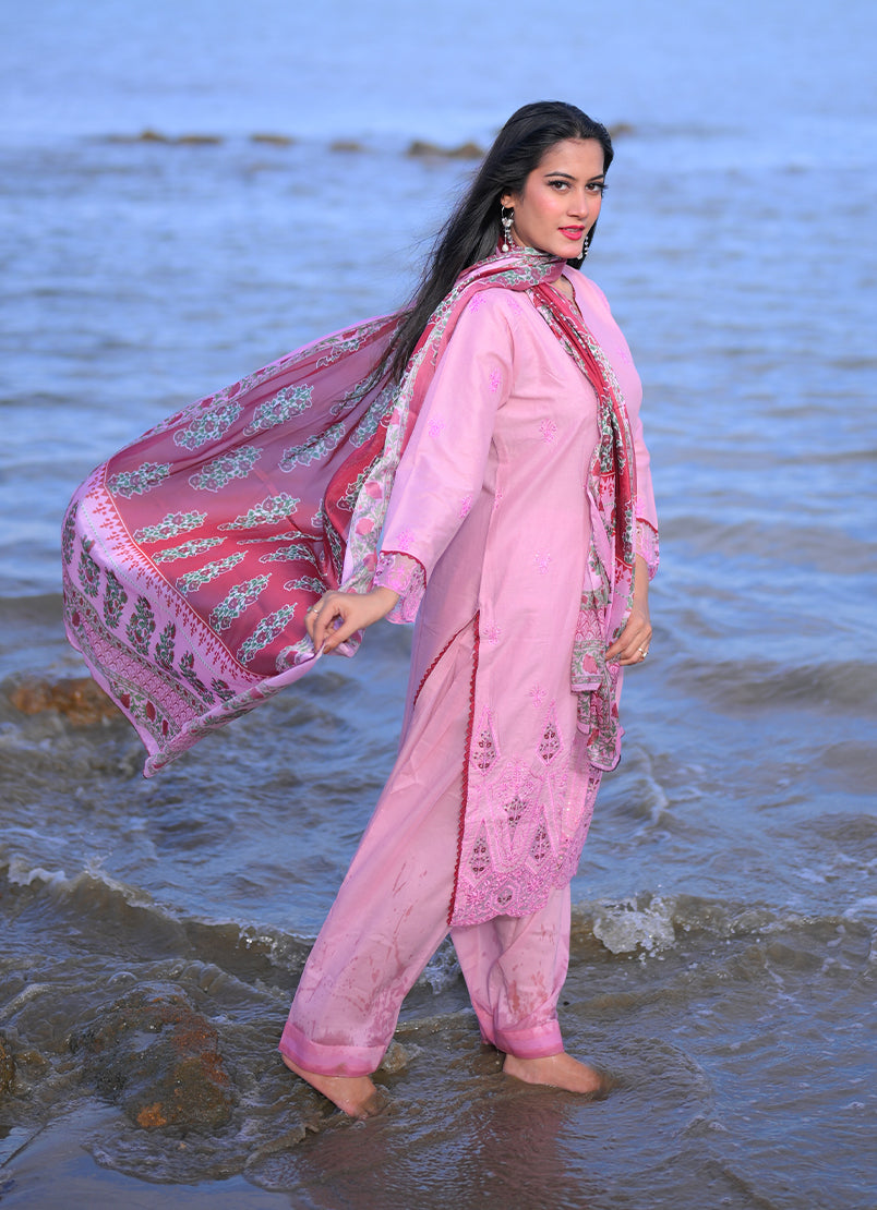 Noorkari by Ishq e Rang RTW Embroidered Cambric 3 Piece Suit Soft Pink Casual Collection