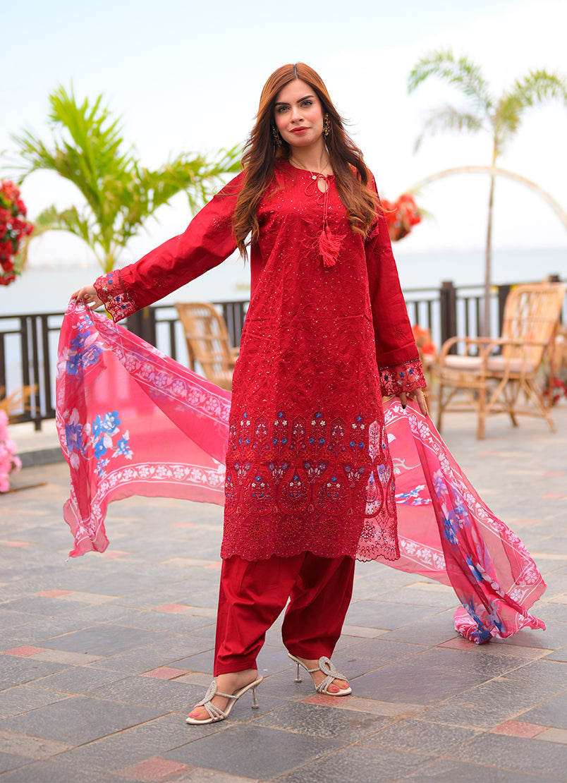 Noorkari by Ishq e Rang RTW Embroidered Lawn 3 Piece Suit Rich Red Casual Collection