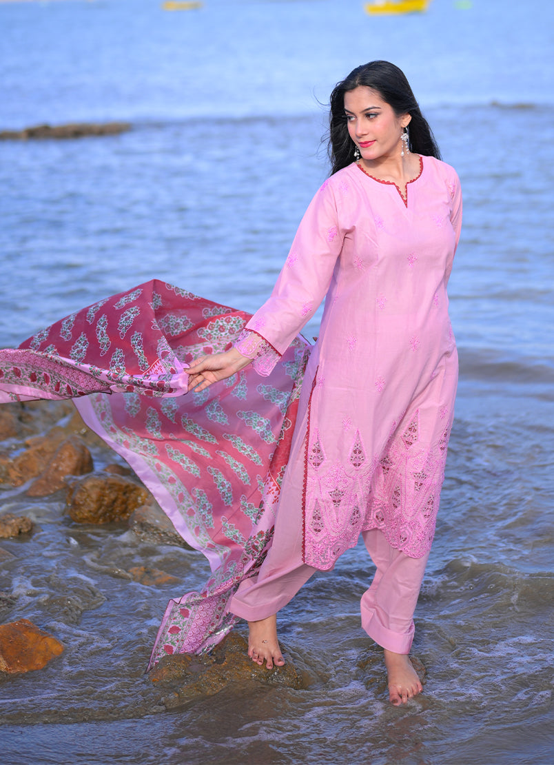 Noorkari by Ishq e Rang RTW Embroidered Cambric 3 Piece Suit Soft Pink Casual Collection
