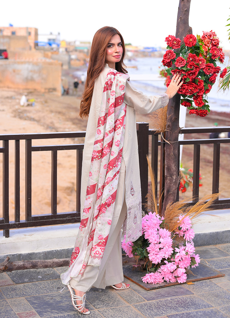 Noorkari by Ishq e Rang RTW Embroidered Lawn 3 Piece Suit Subtle Beige Casual Collection