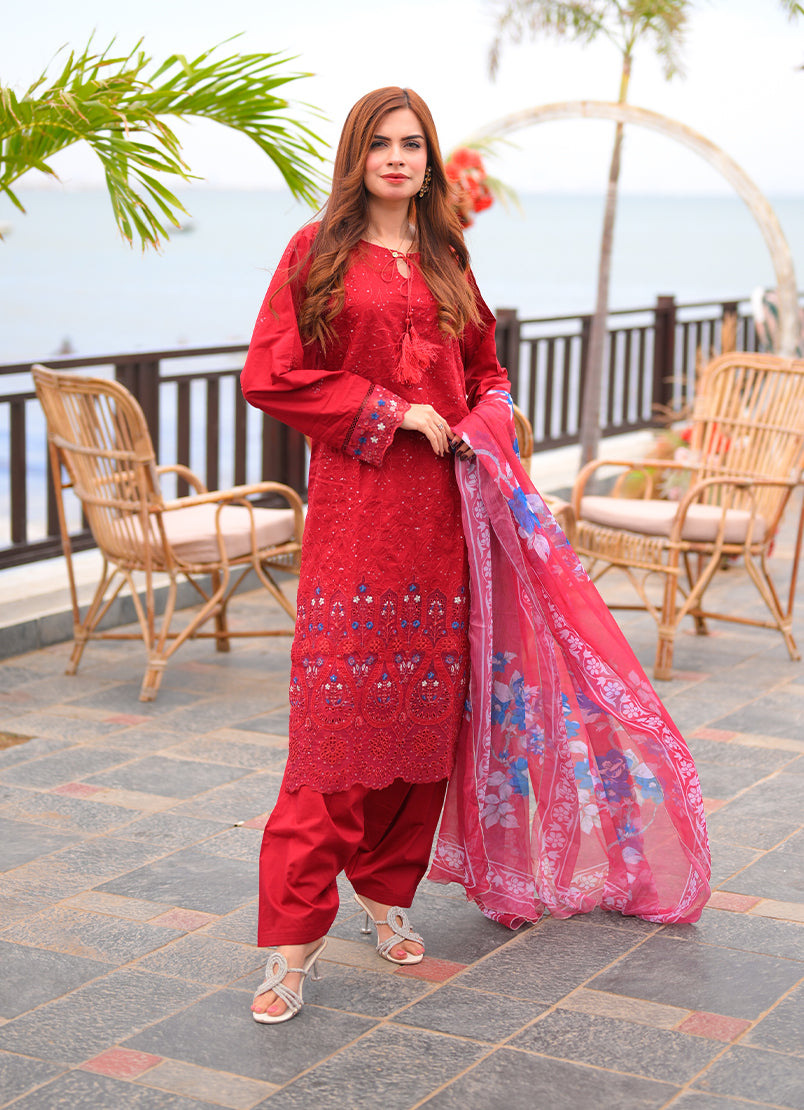Noorkari by Ishq e Rang RTW Embroidered Lawn 3 Piece Suit Rich Red Casual Collection