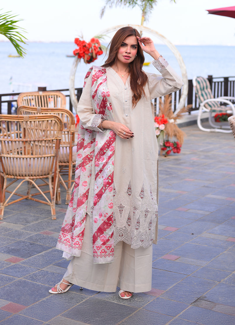 Noorkari by Ishq e Rang RTW Embroidered Lawn 3 Piece Suit Subtle Beige Casual Collection