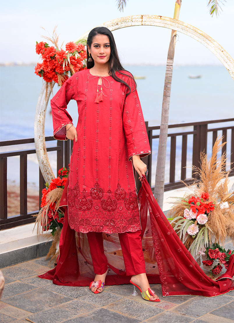 Noorkari by Ishq e Rang RTW Embroidered Lawn 3 Piece Suit Rich Maroon Casual Collection