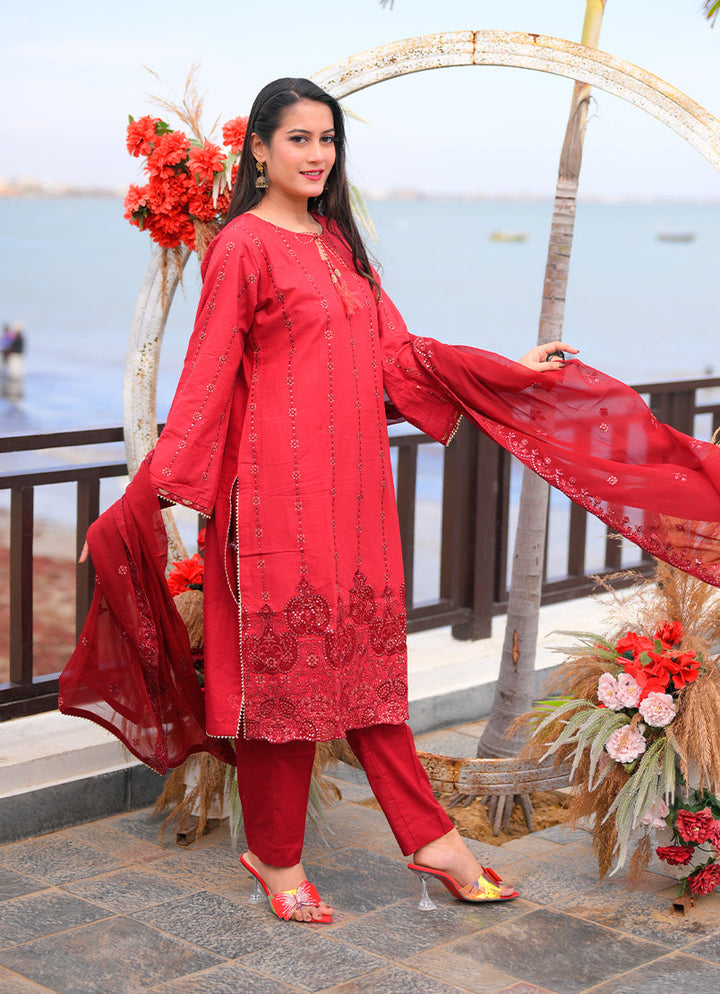 Noorkari by Ishq e Rang RTW Embroidered Lawn 3 Piece Suit Rich Maroon Casual Collection