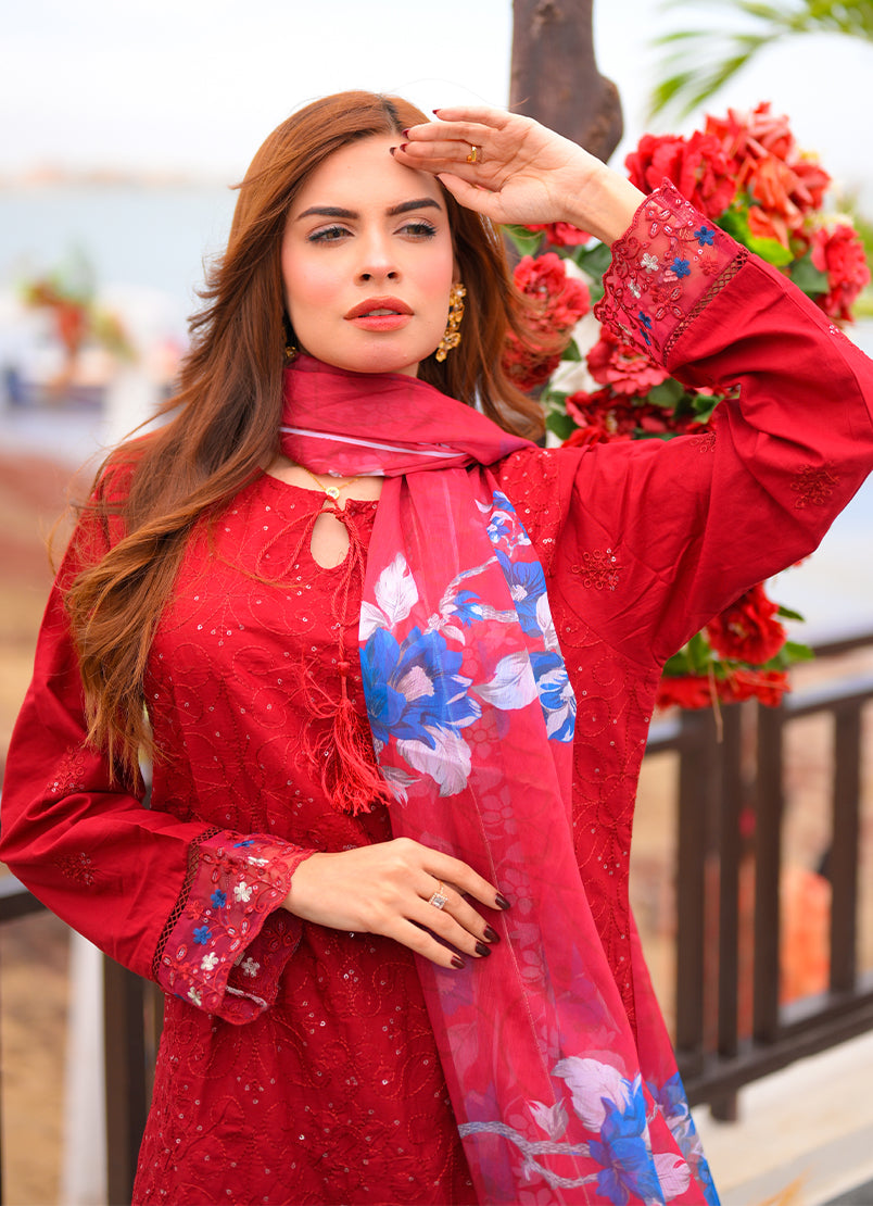 Noorkari by Ishq e Rang RTW Embroidered Lawn 3 Piece Suit Rich Red Casual Collection