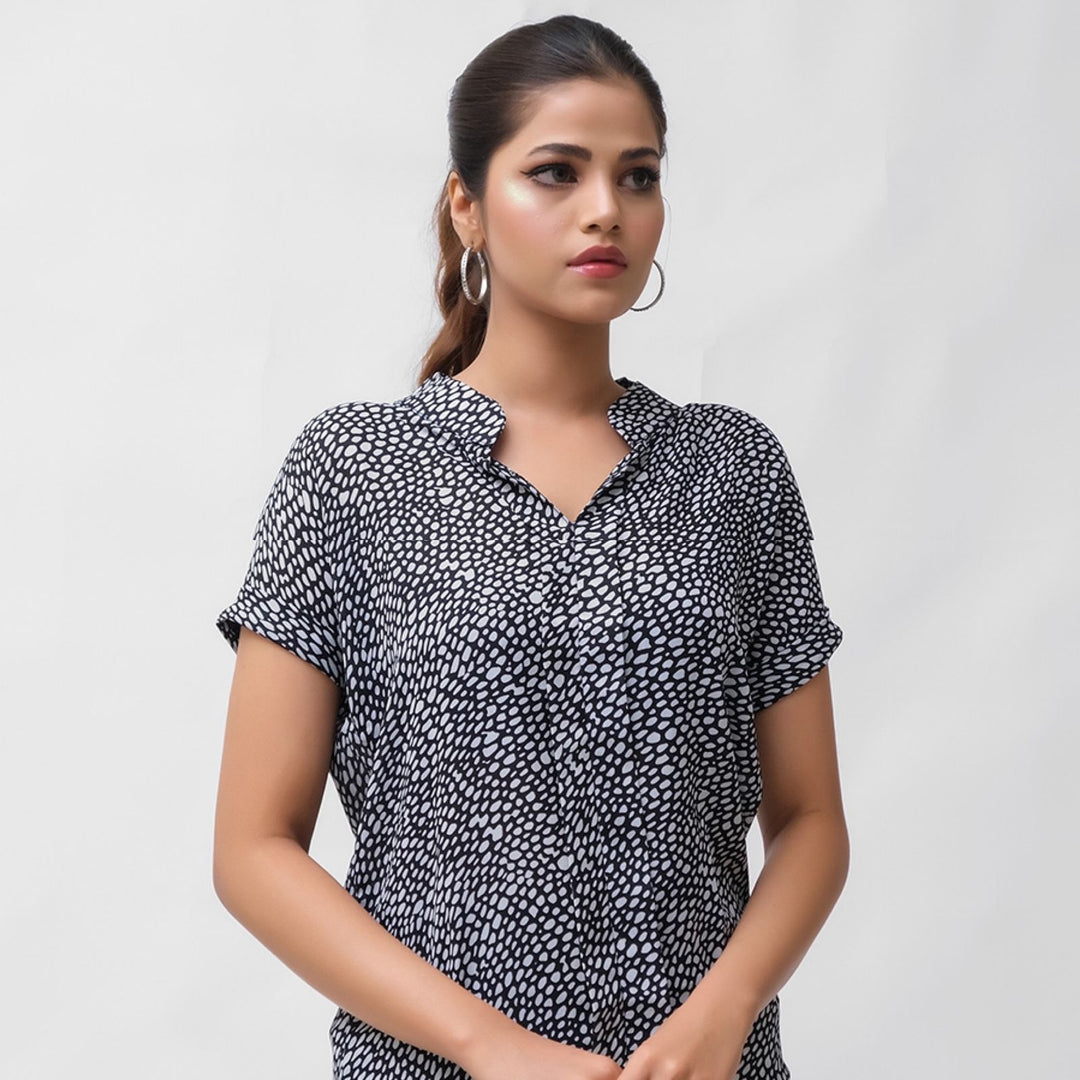 Dhaga Women Western Solids T- Shirt jersy White Polka Notched Neck Bishop Sleeve Blouse DS100020 - Summer Collection