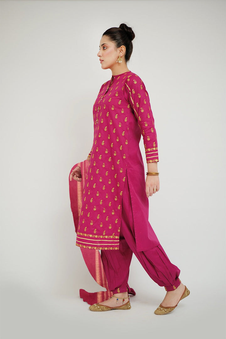 Senorita Women RTW Women Printed Magenta Casual 3 Piece Suit Cotton Cambric LAD-02658 - Summer Collection