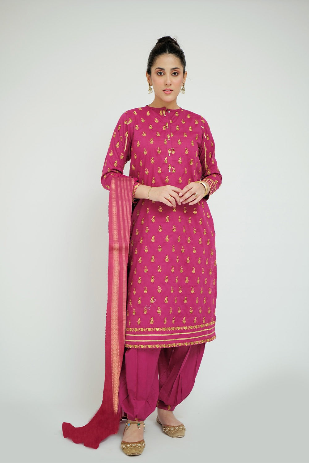 Senorita Women RTW Women Printed Magenta Casual 3 Piece Suit Cotton Cambric LAD-02658 - Summer Collection