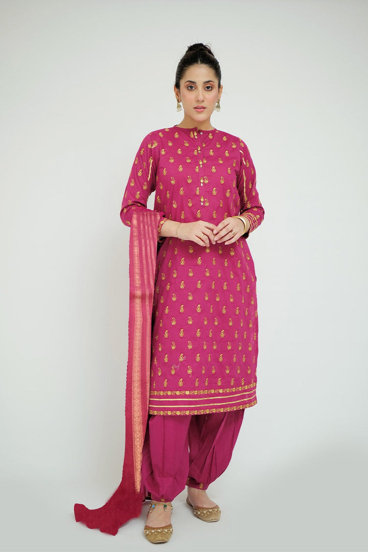 Senorita Women RTW Women Printed Magenta Casual 3 Piece Suit Cotton Cambric LAD-02658 - Summer Collection